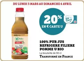 U - 100% Pur Jus Refrigere Filiere Pomme Bio offre sur U Express