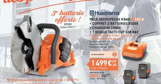 Husqvarna - Pack Decoupeuse K540i C/Offert 2 Batteries B3800 offre à 1499€ sur Loxam