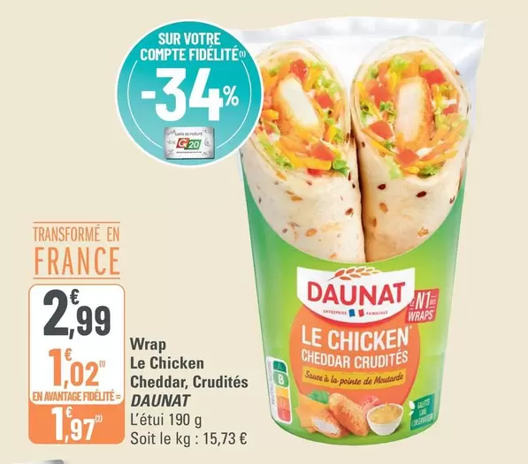 Daunat - Wrap Le Chicken Cheddar, Crudites offre à 2,99€ sur G20