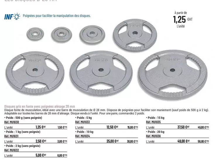Disques Gris En Fonte Avec Poignées Alésage offre à 1,25€ sur Casal Sport