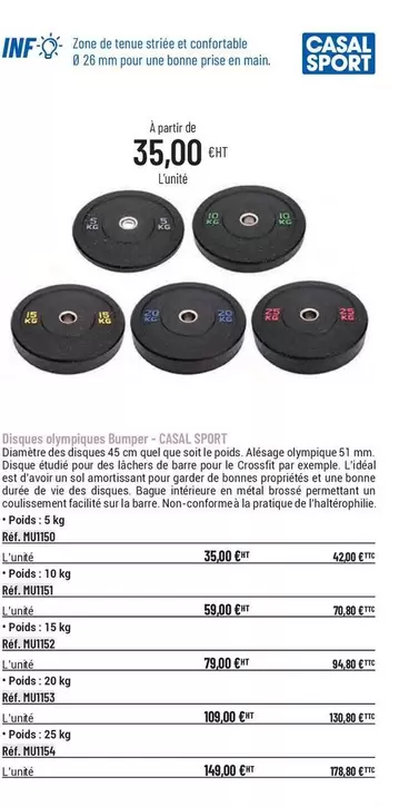 Casal Sport - Disques Olympiques Bumper  offre à 35€ sur Casal Sport