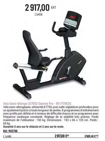 BH - Velo Semi-Allonge LK7550 Gamme Pro offre à 2917€ sur Casal Sport