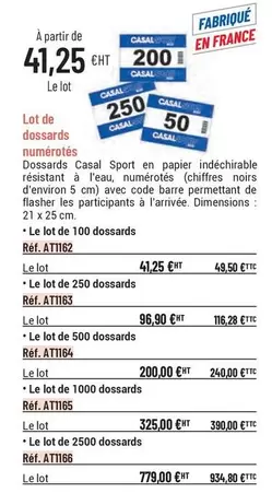 Lot De Dossards Numerotes offre à 41,25€ sur Casal Sport