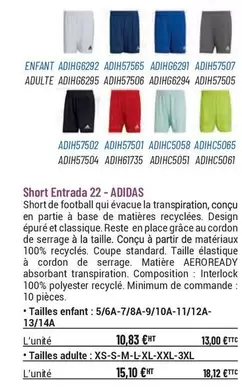 Adidas -  Short Entrada 22 offre à 10,83€ sur Casal Sport