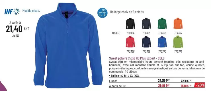 Sols - Sweat Polaire Zip HD Plus Expert offre à 21,4€ sur Casal Sport