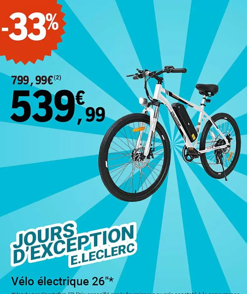 E.Leclerc - Vélo Électrique 26" offre à 539,99€ sur E.Leclerc Sports