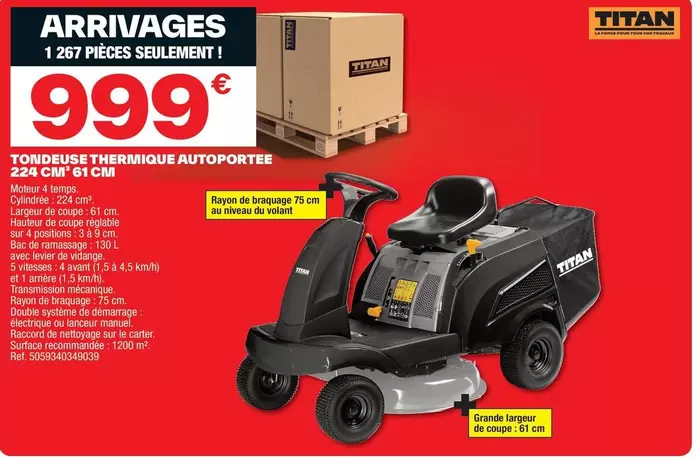 Titan - Tondeuse Thermique Autoporte 224 Cm 61 Cm offre à 999€ sur Brico Dépôt