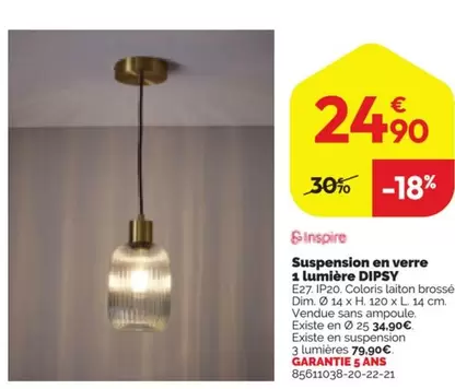 Inspire - Susp Dipsy E27 D14 Verr Laiton offre à 24,9€ sur Weldom