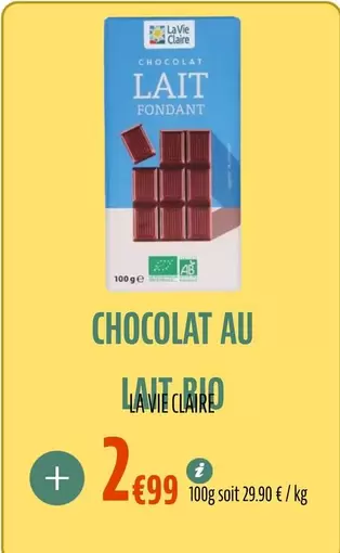 La Vie Claire - Chocolat Au Lait Fondant offre à 2,99€ sur La Vie Claire