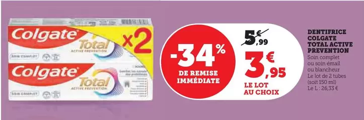 Colgate - Dentifrice Total Active Prevention offre à 3,95€ sur U Express