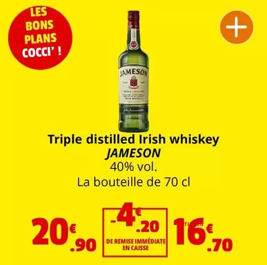 Jameson - Triple Distilled Irish Whiskey offre à 16,7€ sur Coccinelle Supermarché