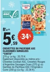 Costa - Crevettes Du Pacifique Asc Classiques Surgelées offre à 5,59€ sur E.Leclerc