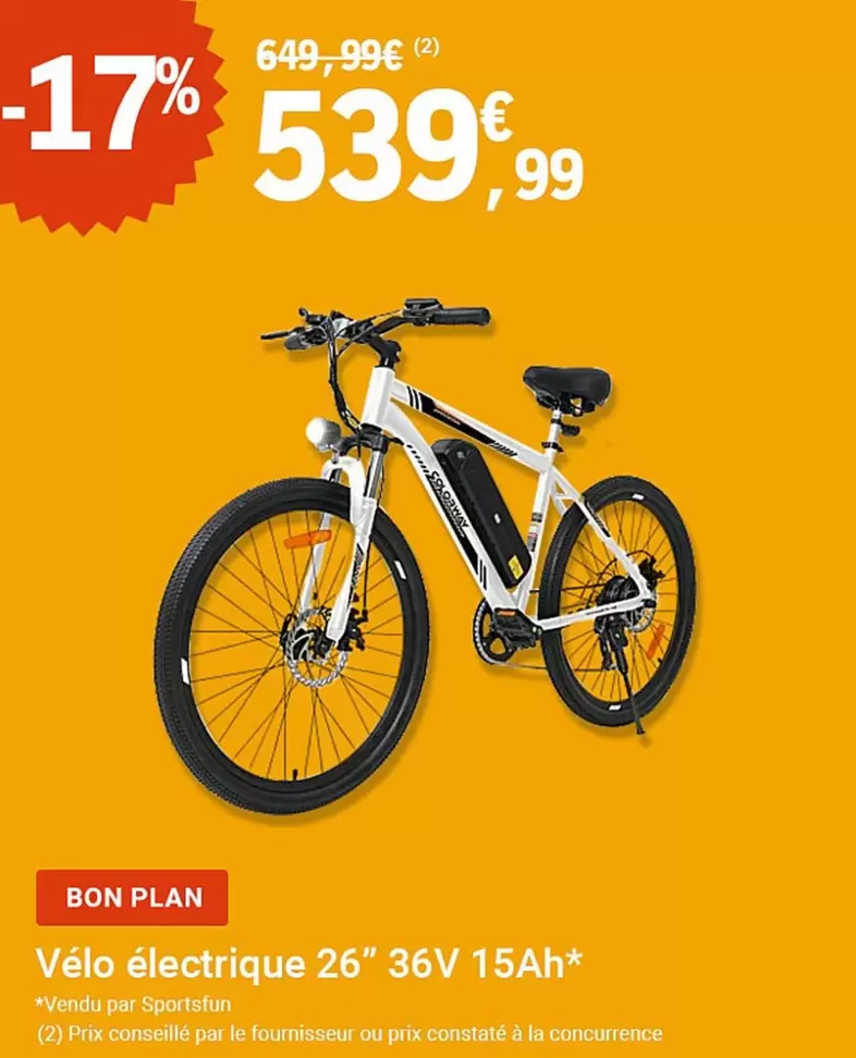 Vélo Électrique 26" 36V 15Ah offre à 539,99€ sur E.Leclerc Sports