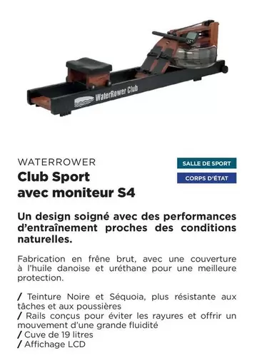 Waterrower - Club Sport Avec Moniteur S4 offre sur Fitness Boutique