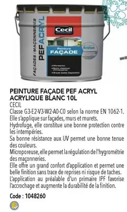 Cecil - Peinture Facade Pef Acryl Acrylique Blanc 10l offre sur SAMSE