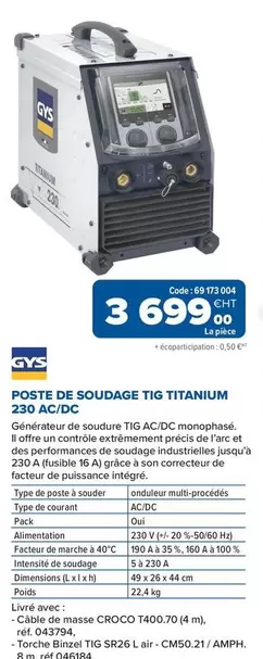 Gys - Poste De Soudage Tig Titanium 230 Ac/dc offre à 3699€ sur Prolians