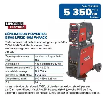 Lincoln Electric - Générateur Powertec 1350s LF52D 10M W-Pack offre à 5350€ sur Prolians