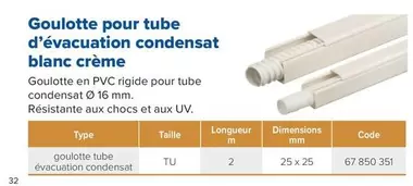 Artiplastic - Goulotte Pour Tube D'Évacuation Condensat Blanc Crème offre sur Prolians