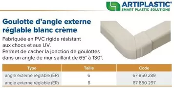 Artiplastic - Goulotte D'Angle Externe Réglable Blanc Crème offre sur Prolians
