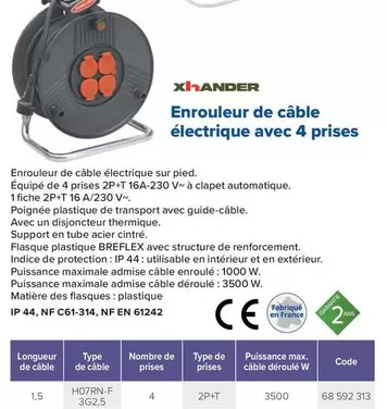 Xhander - Enrouleur De Câble Électrique Avec 4 Prises offre sur Prolians