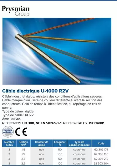 Câble Électrique U-1000 R2v offre sur Prolians