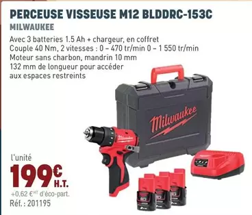 Milwaukee - Perceuse Visseuse M12 Blddrc-153c offre à 199€ sur Quéguiner