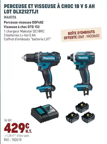 Makita - Perceuse Et Visseuse A Choc 18 V 5 Ah Lot Dlx212t7lj offre à 429€ sur Quéguiner