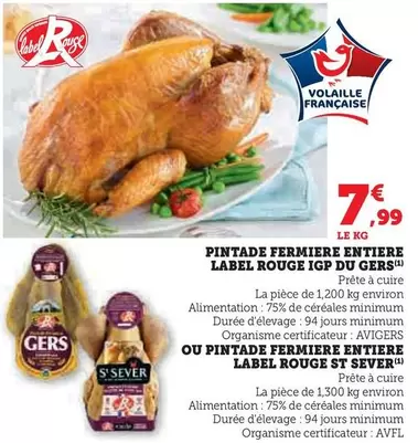 Gers - Pintade Fermiere Entiere Label Rouge IGP offre à 7,99€ sur Hyper U