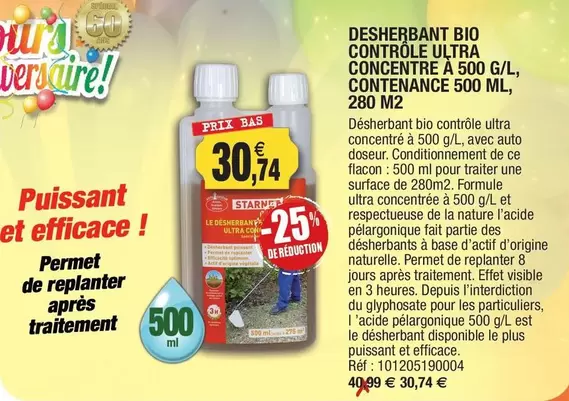 Desherbant Bio Contrôle Ultra Concentre A 500 G/L, Contenance 500 Ml, 280 M2 offre à 30,74€ sur Outiror