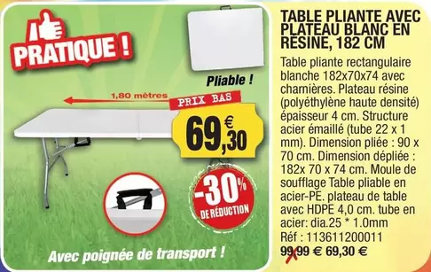 Table Pliante Avec Plateau Blanc En Resine offre à 69,3€ sur Outiror