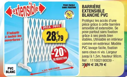 Barrière Extensible Blanche Pvc offre à 28,79€ sur Outiror