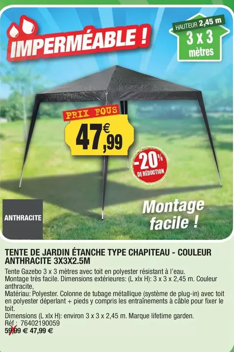 Tente De Jardin Étanche Type Chapiteau - Couleur Anthracite offre à 47,99€ sur Outiror