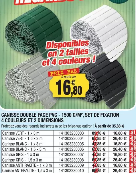 Canisse Double Face PVC Set De Fixation 4 Couleurs  offre à 16,8€ sur Outiror