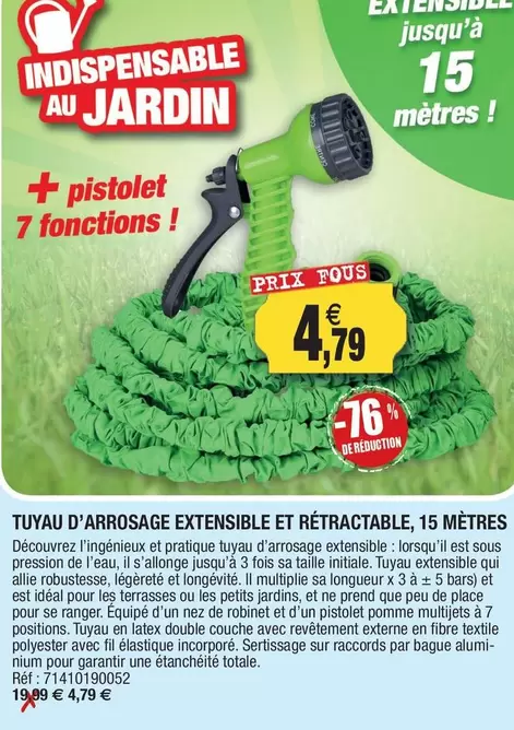 Tuyau D'Arrosage Extensible Et Rétractable, 15 Mètres  offre à 4,79€ sur Outiror