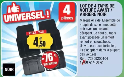 Lot De 4 Tapis De Voiture Avant/Arrière Noir offre à 4,5€ sur Outiror