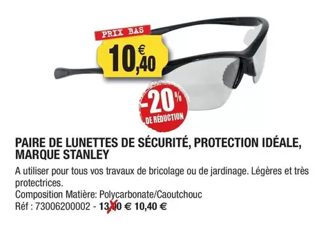 Stanley - Paire De Lunettes De Sécurité, Protection Idéale, Marque offre à 10,4€ sur Outiror