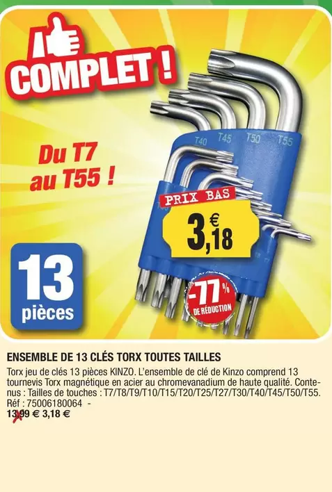 Ensemble De 13 Clés Tork Toutes Tailles offre à 3,18€ sur Outiror