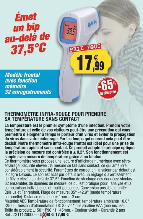 Thermomètre Infra-Rouge Pour Prendre Sa Température Sans Contact offre à 17,99€ sur Outiror