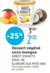 Abbot Kinneys - Dessert Végétal Coco Mangue offre à 2,81€ sur L'Eau Vive