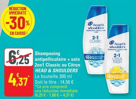 Head & Shoulders - Shampooing Antipelliculaire + Soin 2En1 Classic Ou Citron offre à 4,37€ sur G20