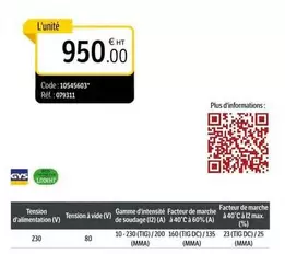 Gys - Poste Tig Protig 231 DC FV Equipe offre à 950€ sur DomPro