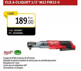 Milwaukee - Cle A Cliquet 1/2" M12 FIR12-0  offre à 189€ sur DomPro
