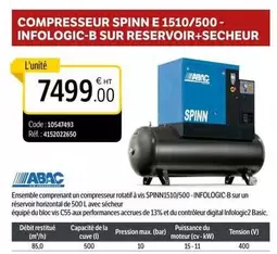 ABAC - Compresseur Spinn E 1510/500-Infologic-B Sur Reservoir-Secheur offre à 7499€ sur DomPro