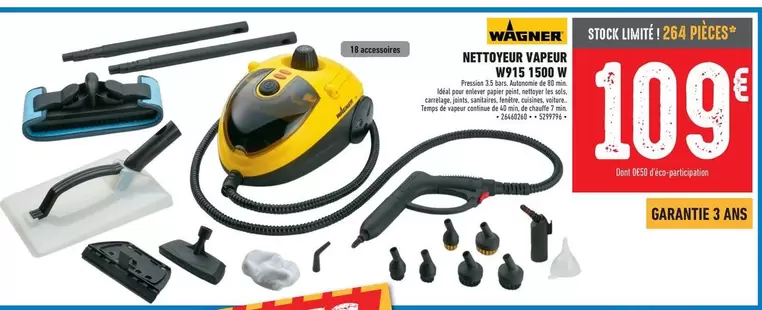 Wagner - Nettoyeur Vapeur W915 1500 W offre à 109€ sur Brico Cash