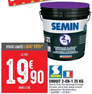 Semin - Enduit 2-En-1 25 Kg offre à 19,9€ sur Brico Cash