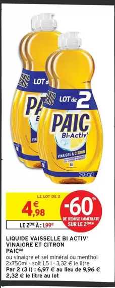 Paic - Liquide Vaisselle Bi Activ Vinaigre Et Citron offre à 4,98€ sur Intermarché Hyper