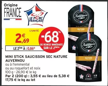 Auvernou - Mini Stick Saucisson Sec Nature offre à 2,69€ sur Intermarché Hyper