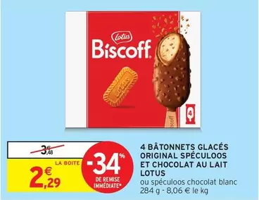 Lotus - 4 Bâtonnets Glacés Original Spéculoos Et Chocolat Au Lait offre à 2,29€ sur Intermarché Hyper