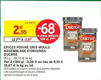 Ducros - Epices Poivre Gris Moulu Assemblage D'Origines offre à 2,55€ sur Intermarché Hyper