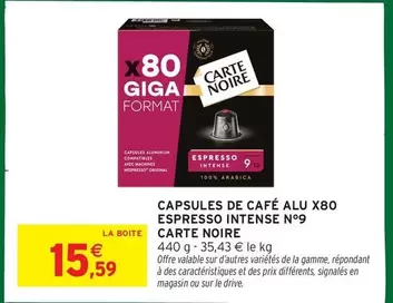 Carte noire - Capsules De Café Alu X80 Espresso Intense N°9 offre à 15,59€ sur Intermarché Hyper